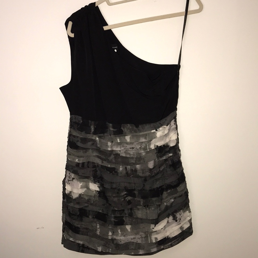 One shoulder black and grey and white dress